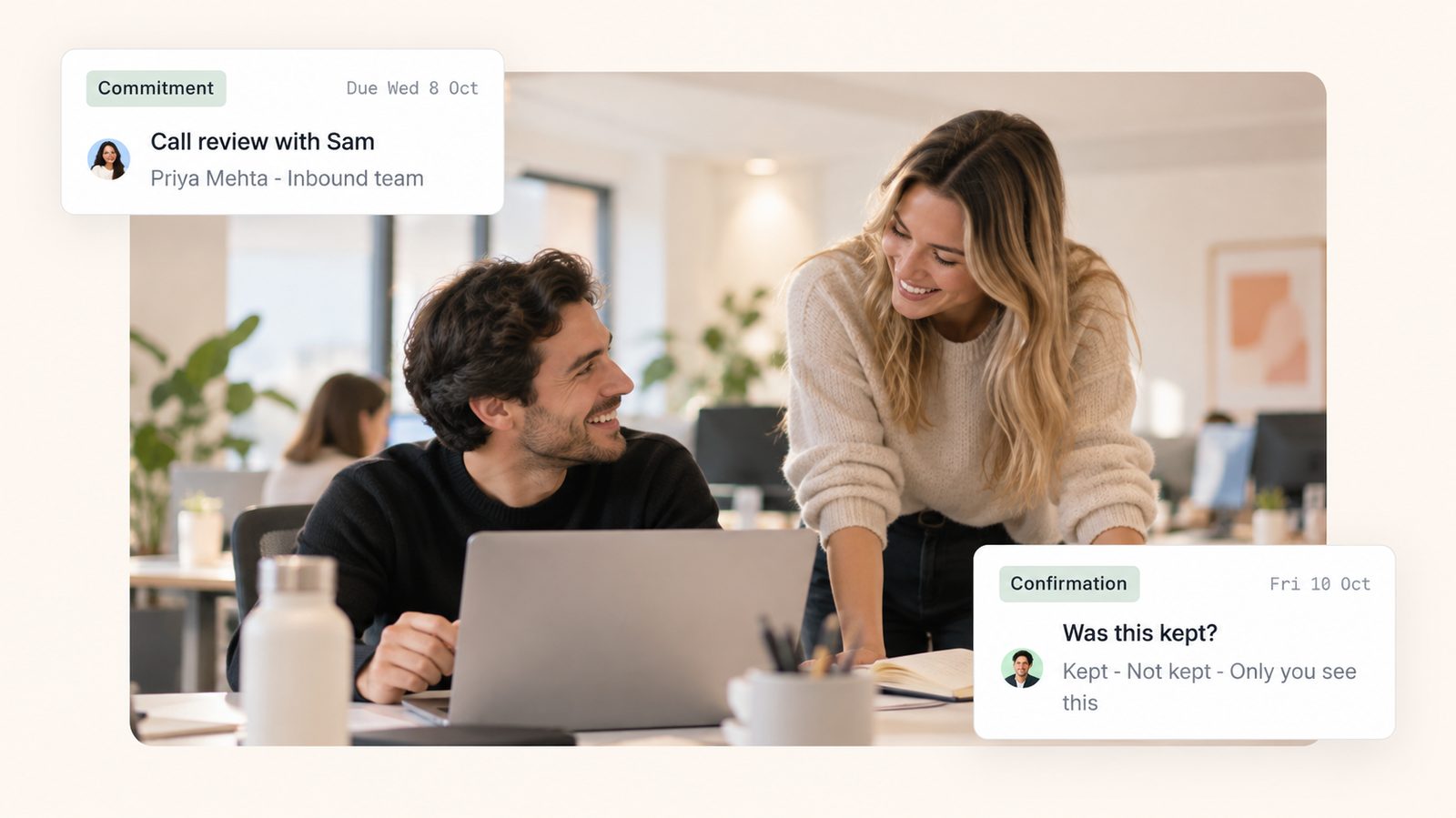 Sales manager and rep at a desk with a Welivo commitment card and confirmation card